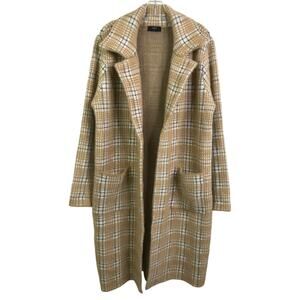 Tahari Sweater Coat Womens Sz L Tan White Plaid Jacket Knit Collared Open Front